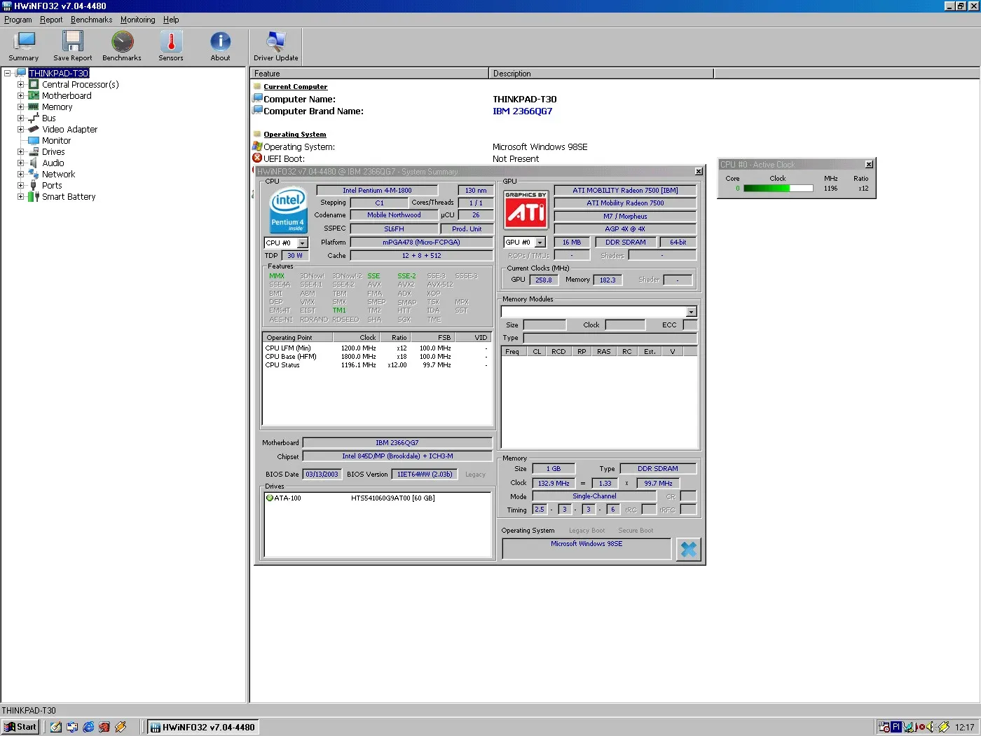 IBM ThinkPad T30 (Windows 98) — HWiNFO summary