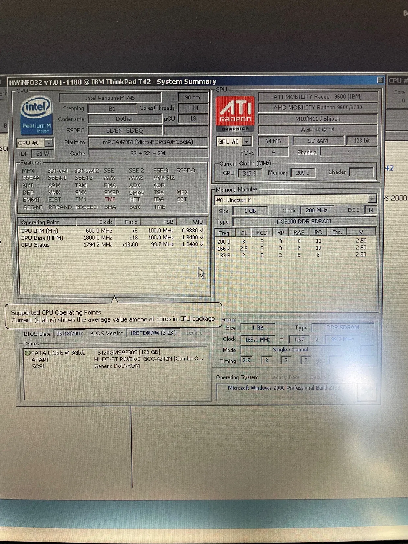 IBM ThinkPad T42 1.8 GHz — HWiNFO summary