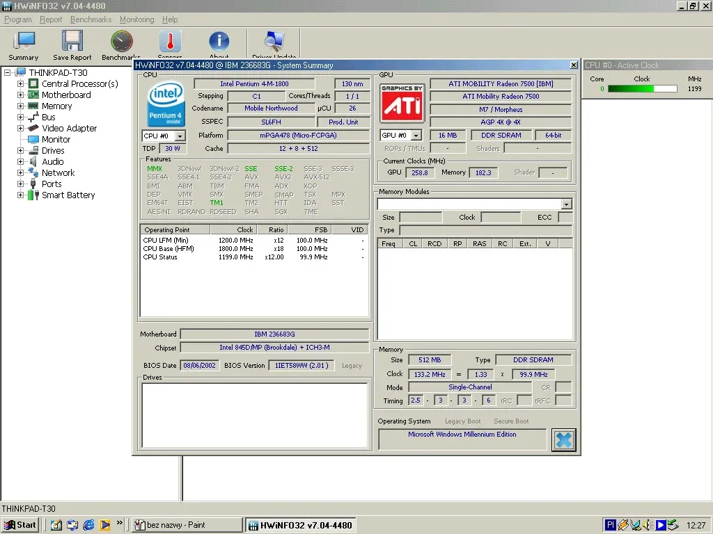 IBM ThinkPad T30 (Windows Me) — HWiNFO summary