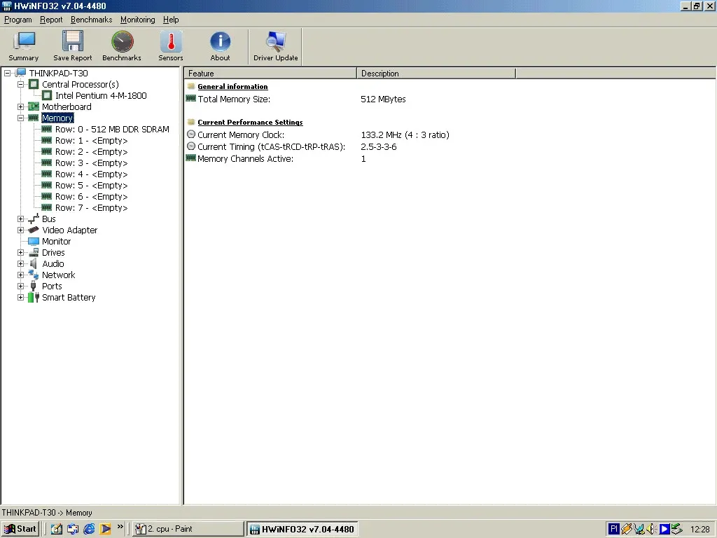 IBM ThinkPad T30 (Windows Me) — HWiNFO memory
