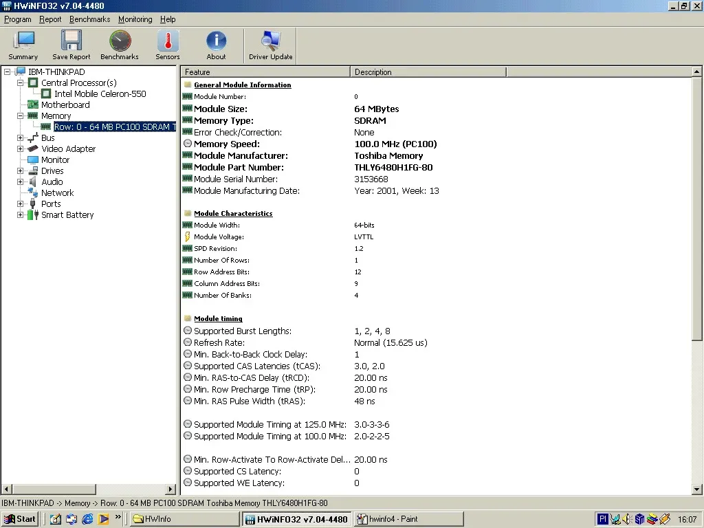 IBM ThinkPad i Series 1200 — HWiNFO memory
