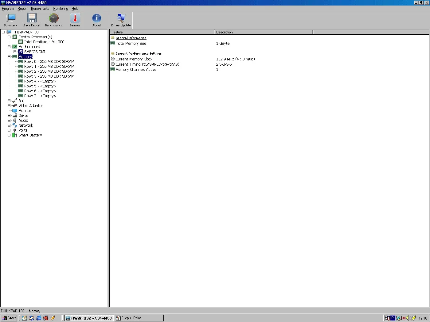 IBM ThinkPad T30 (Windows 98) — HWiNFO memory
