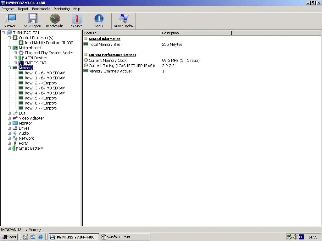 IBM ThinkPad T21 — HWiNFO memory