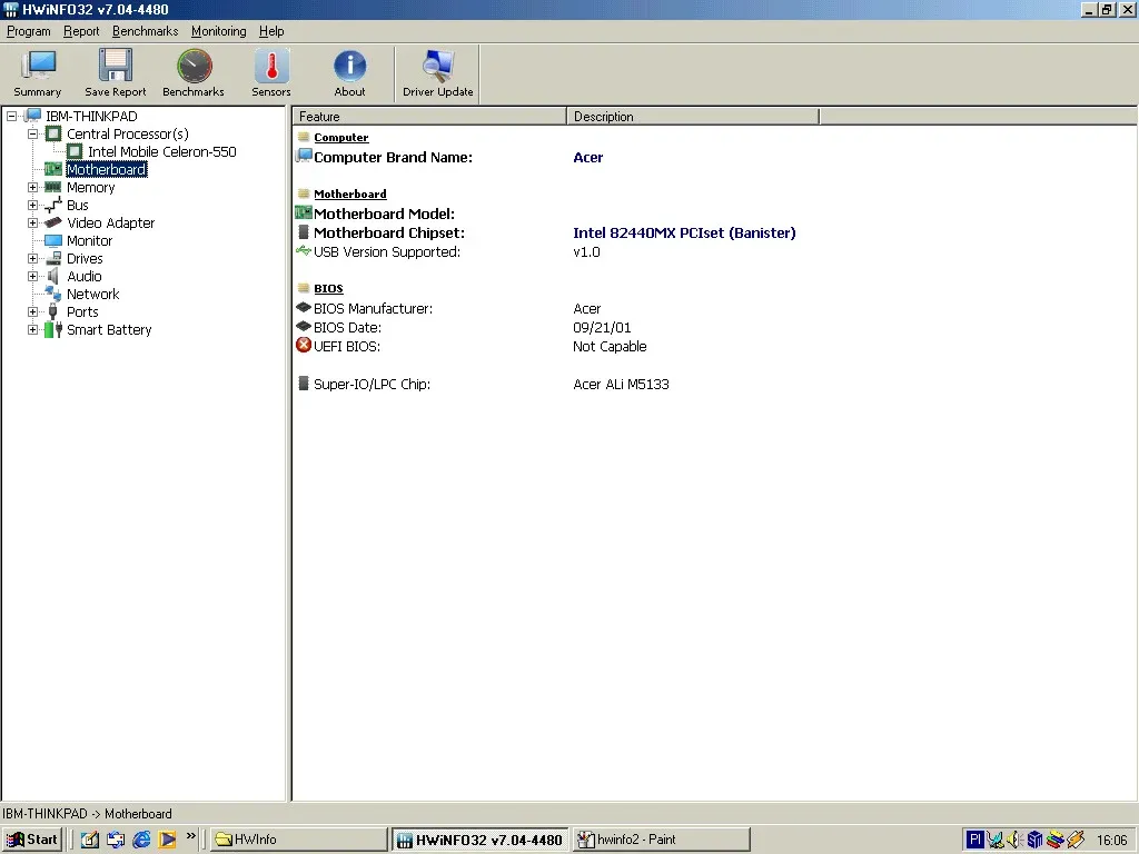IBM ThinkPad i Series 1200 — HWiNFO motherboard