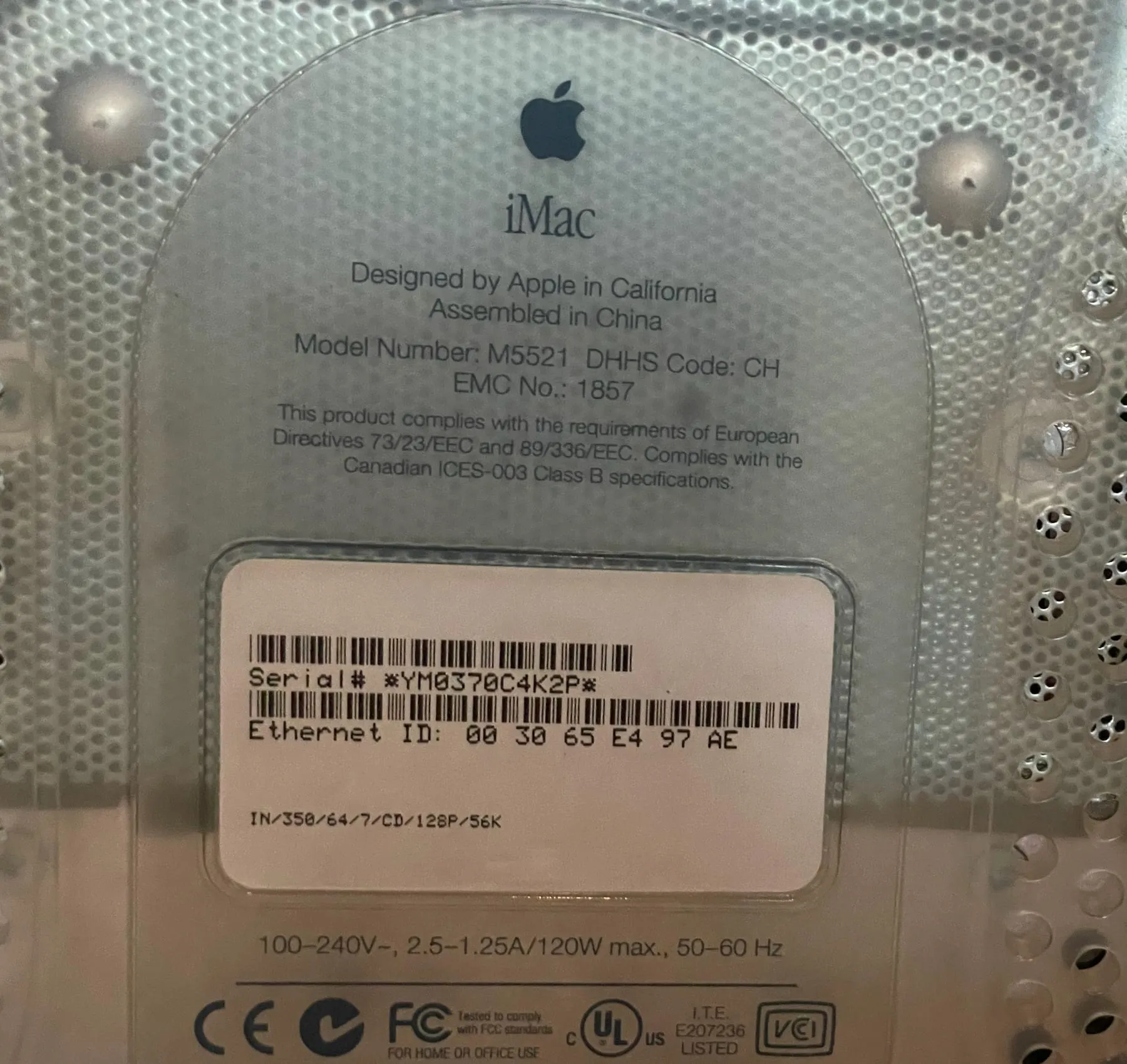 Apple iMac G3 350 Indigo — model label
