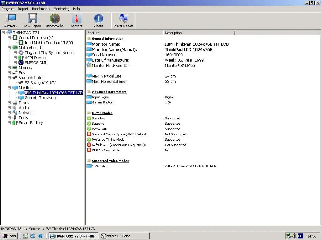 IBM ThinkPad T21 — HWiNFO monitor