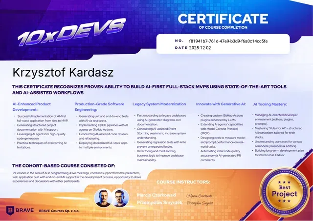 10xDevs — certificate of course completion