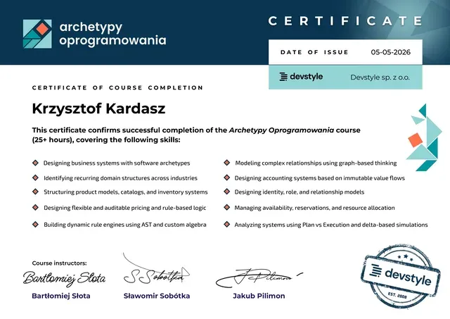 Archetypy Oprogramowania — certificate of course completion
