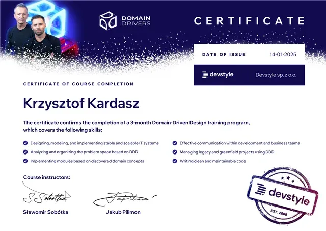 Domain Drivers — certificate of course completion